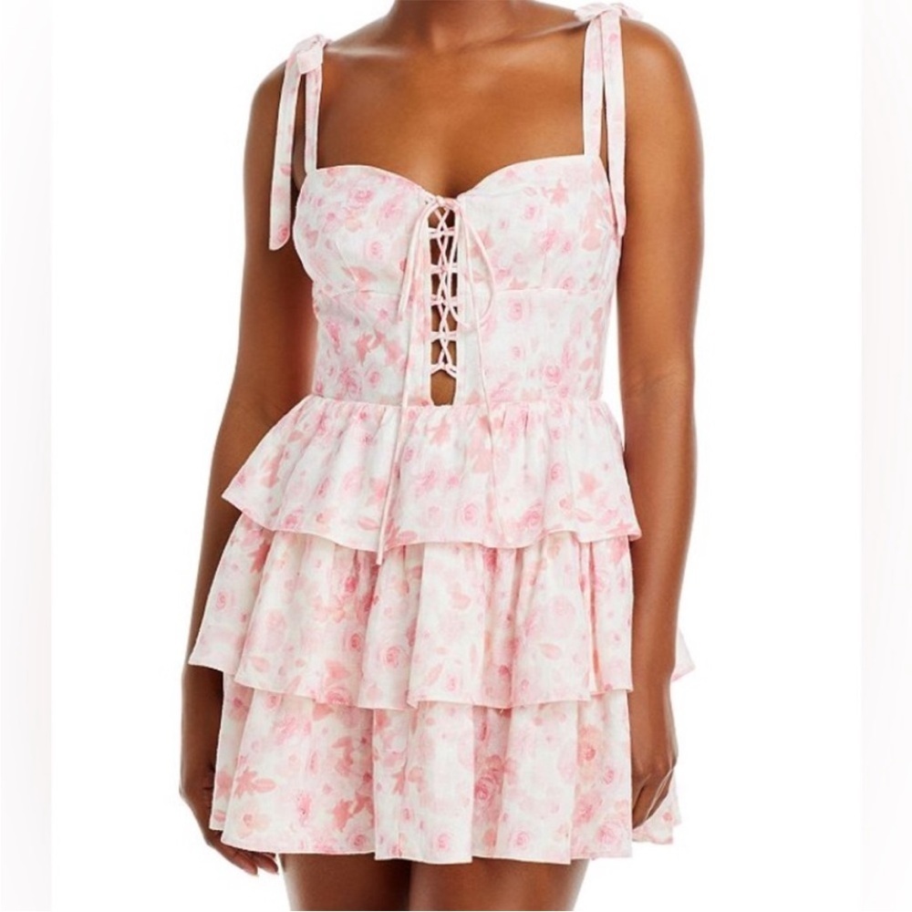 Bardot Laurie Pink Floral Lace-Up Mini Dress Ruffle Tiered Tie Strap